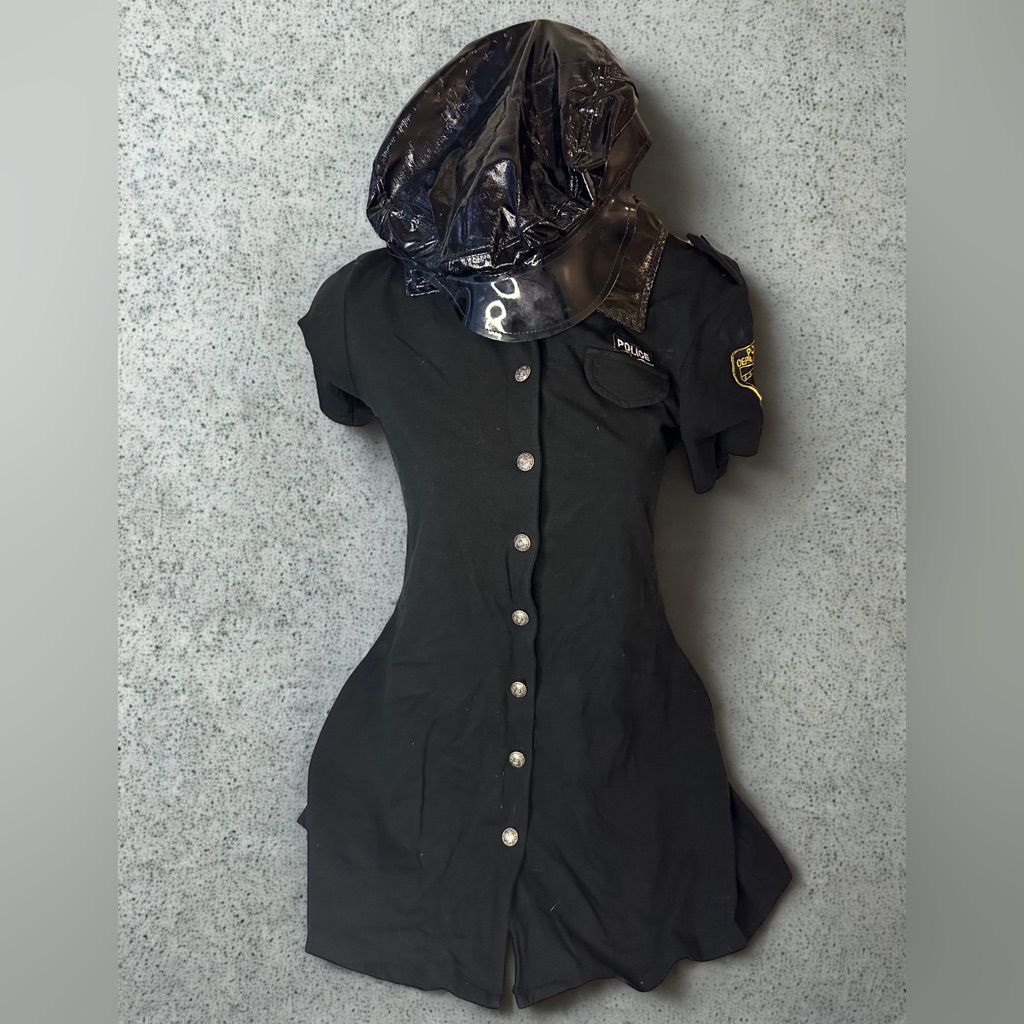 Sexy Police Officer Costume Black Button-Up Dress & Hat Halloween Party